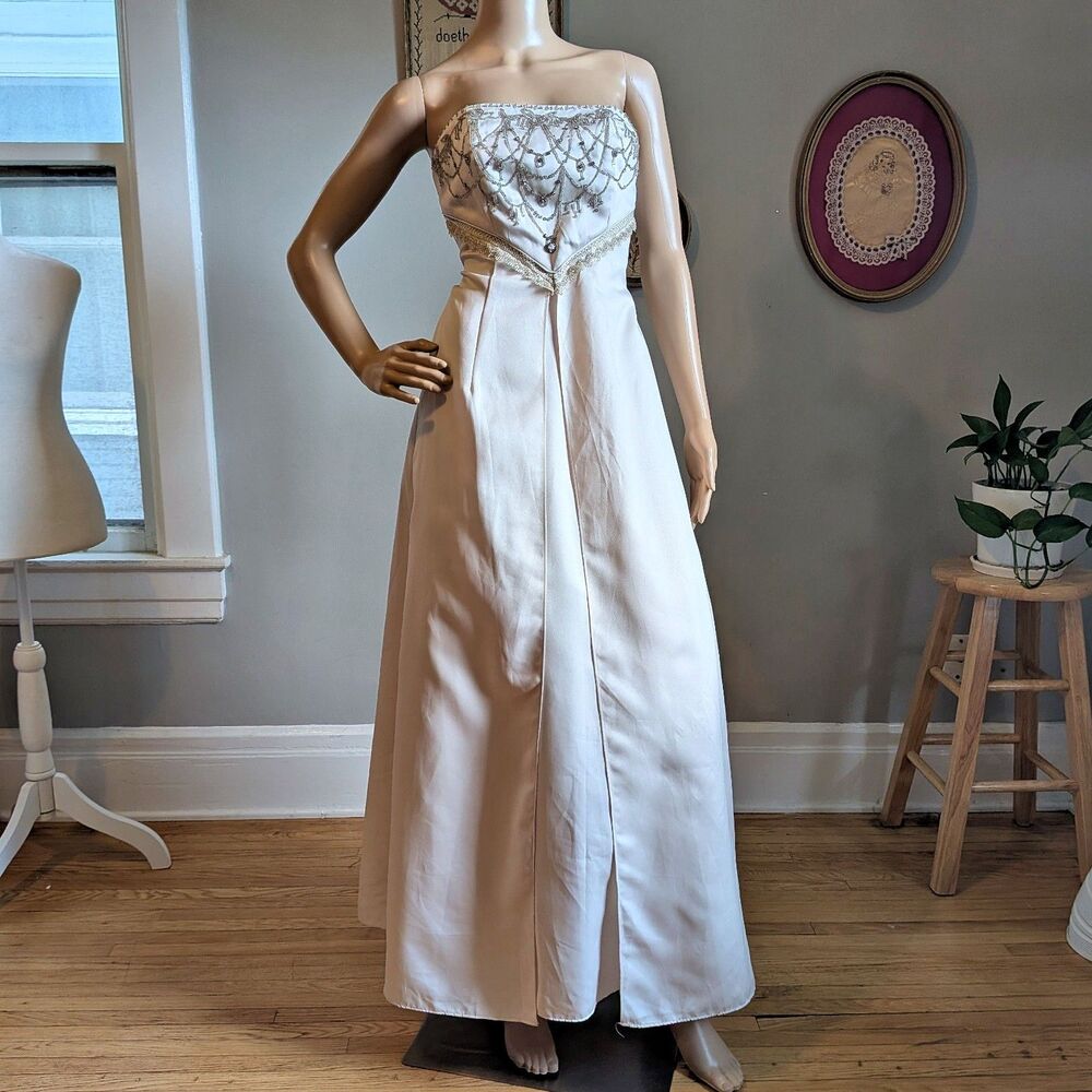 Vintage Y2K Masquerade Strapless Gown Cream Beaded Rhinestone Princess Prom 3/4